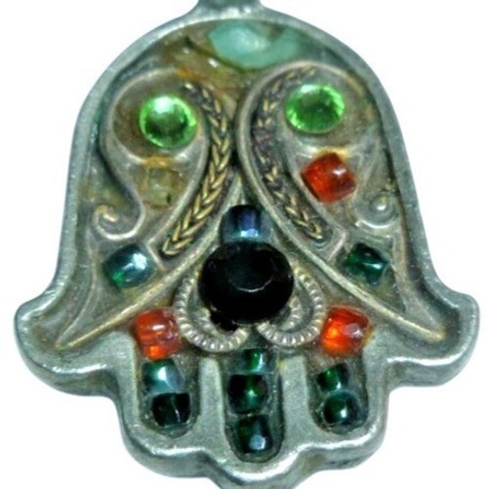 Vintage Hamsa Hand of Fatima Pendant Necklace Silver Tone‎ Multi Stone